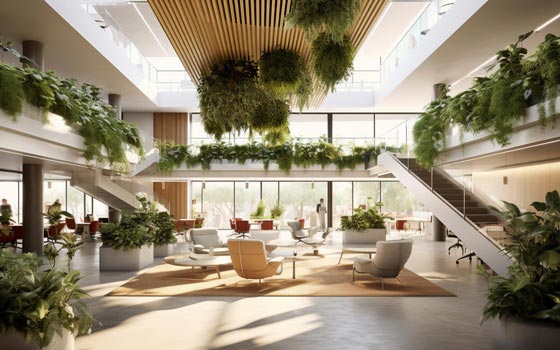 לובי משרדי מעוצב להפליא עם קיר ירוק בולט כמרכז. הצמחייה התוססת משרה אווירה רעננה ומזמינה.