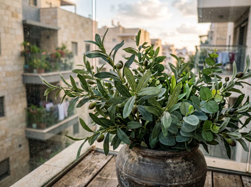 תקריב של צמחייה מלאכותית איכותית במרפסת, המדגיש את הריאליזם והפרטים הדומים לצמח חי.