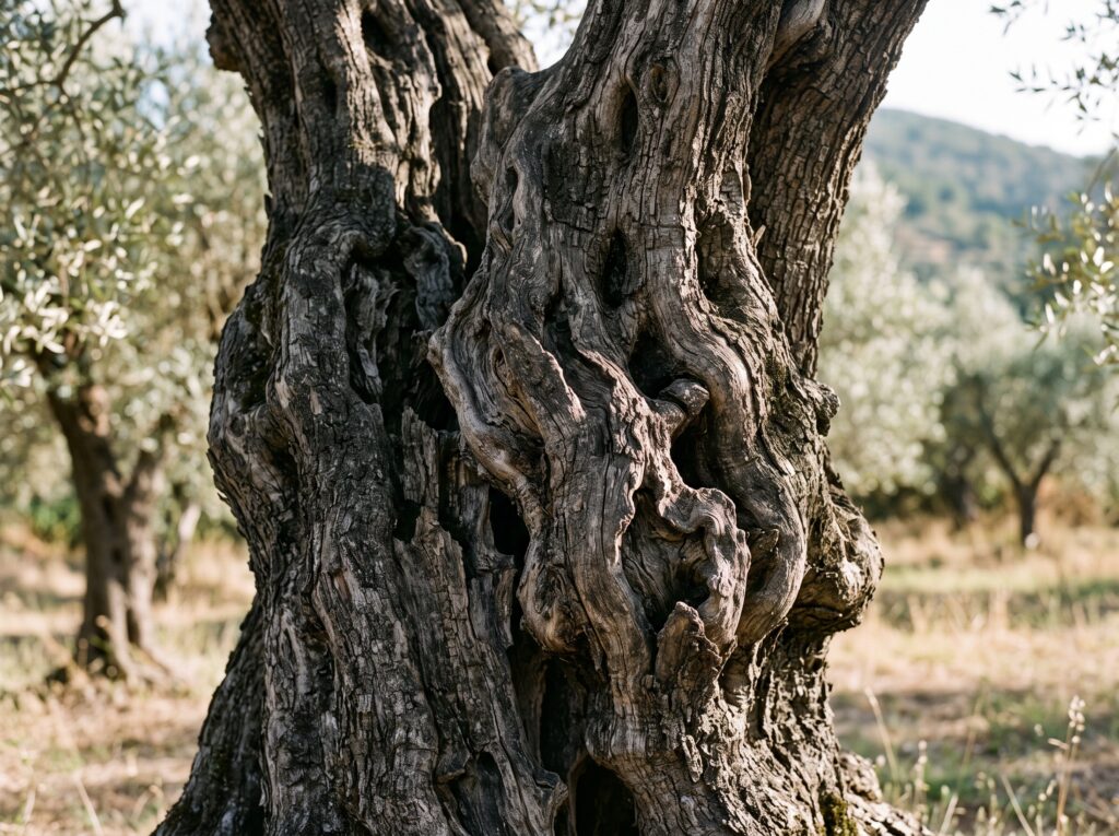 גזע עץ זית עתיק ומפותל עם טקסטורות עשירות